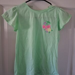 Girls' Mint Green Short Sleeve Tee with Cherry & Flower Print